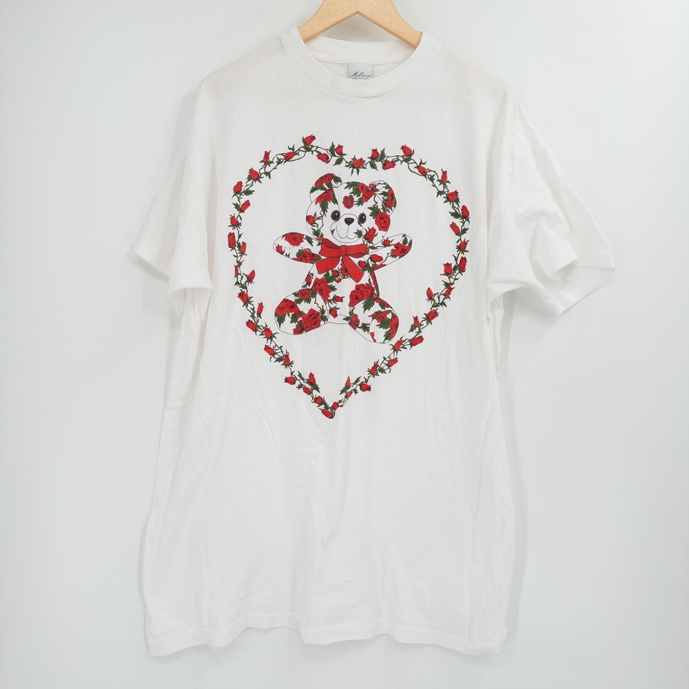 Vintage 90s Teddy Bear Tee Womens OSFA Floral Heart Granny Cottage Single Stitch